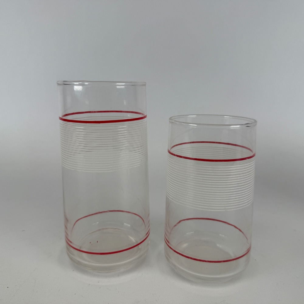 Vintage MCM Drinking Glasses Set of 2 Red White Frosted Banded Tumblers Retro